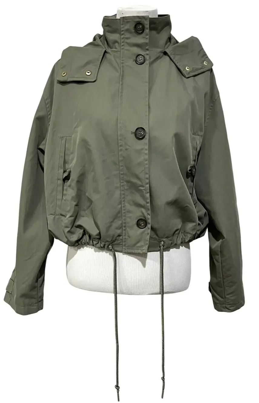 Womens Cropped Utility Jacket Sz M Cargo Coat Hood Pockets Green Adjustable H&M - Picture 1 of 9